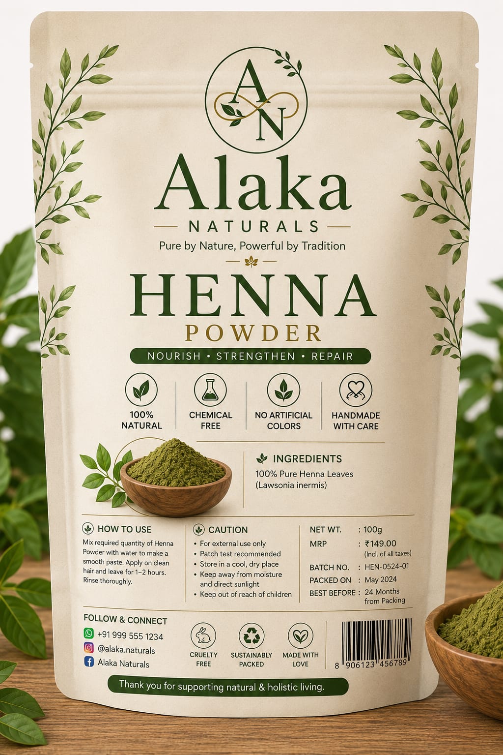 Alaka Naturals Henna Powder pack, 100% pure henna leaves